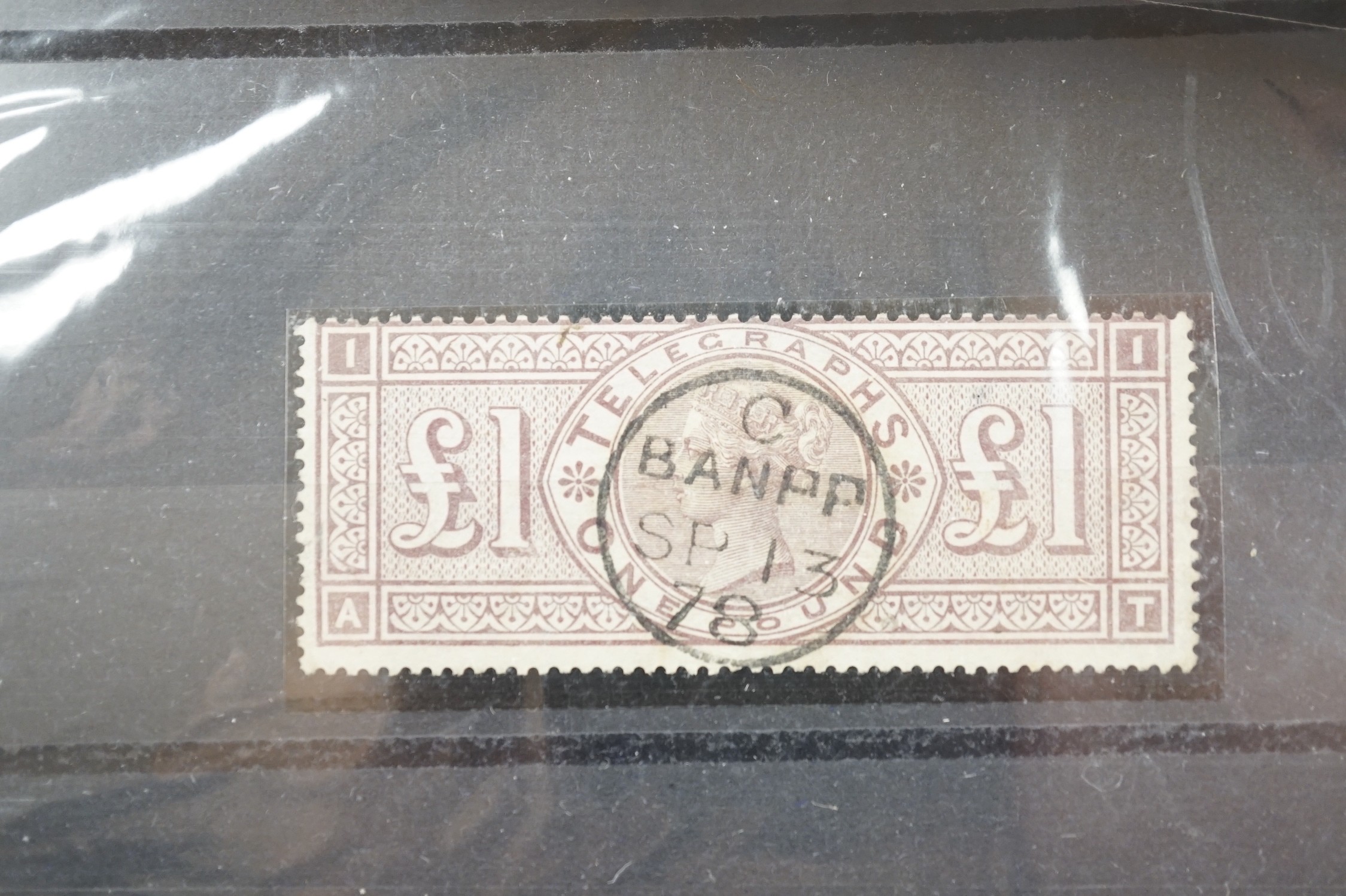 Great Britain Queen Victoria stamps with 1840 1d black (x2 cut into),1841 2d blue pair on cover,1877 £1 telegraph used, 1870 1/2d used and mint, 1882. 2 shilling, 6d, mint